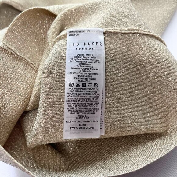NWT TED BAKER CIILIAH GOLD METALLIC V-NECK LONG TEE RIBBED STRETCH KNIT TOP - S - Picture 13 of 14